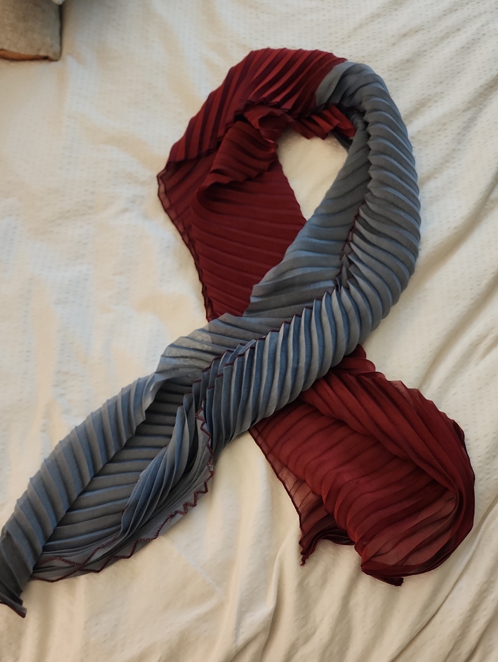 Pleated Two-Tone Scarf in Burgundy and Slate. Silky Feel.
